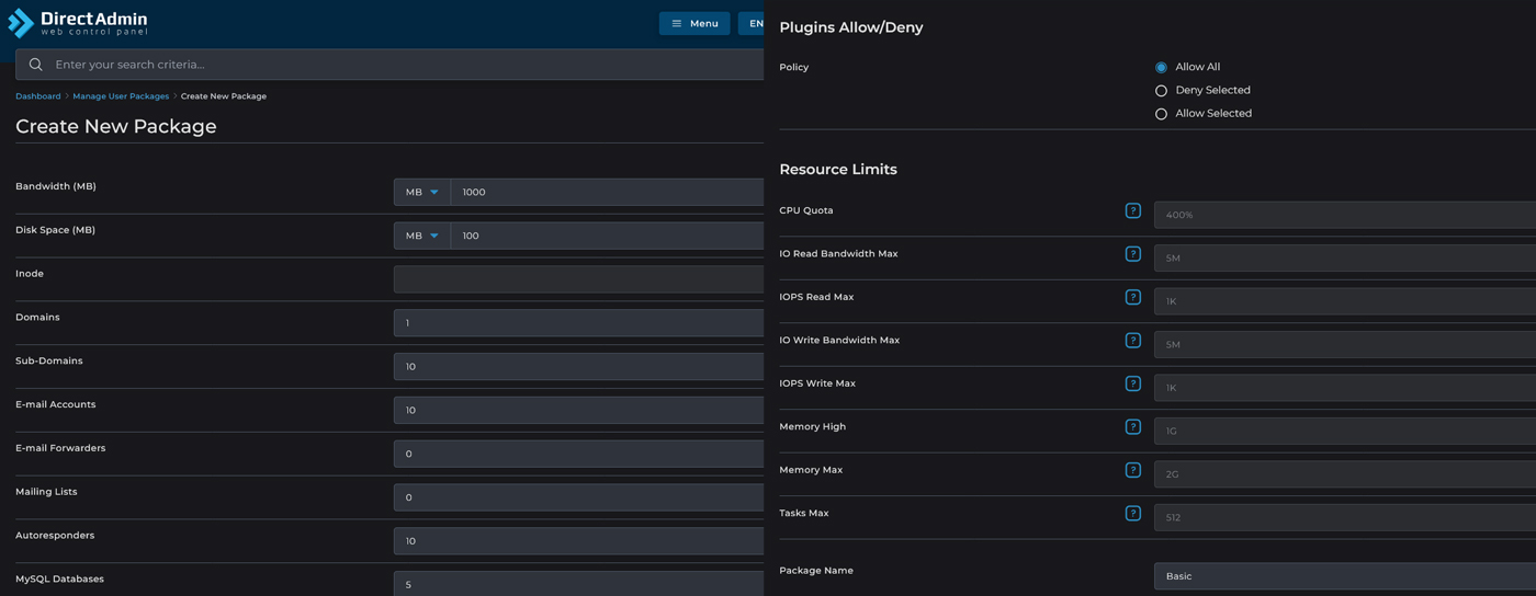 نمای کامل فرم تنظیمات پکیج