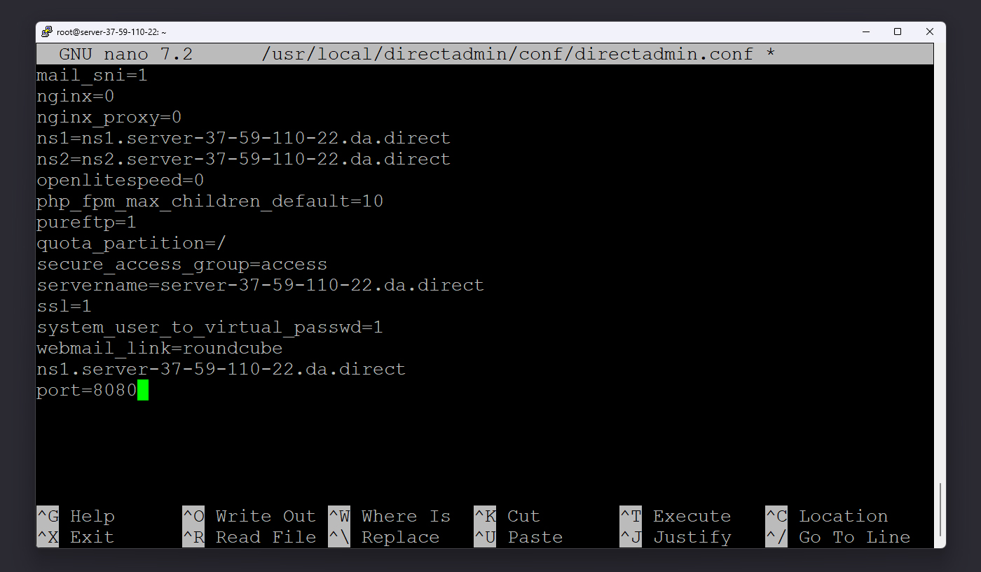 ویرایش پورت در فایل directadmin.conf