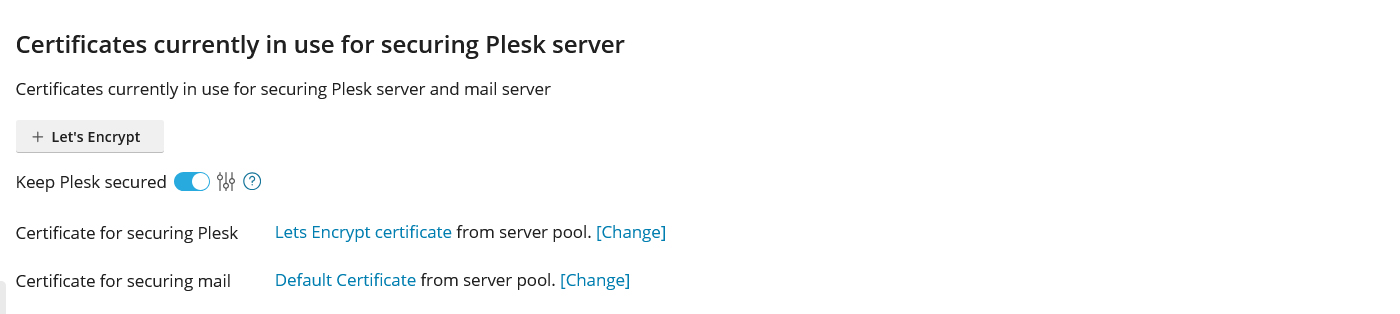 Certificates currently in use for securing Plesk server