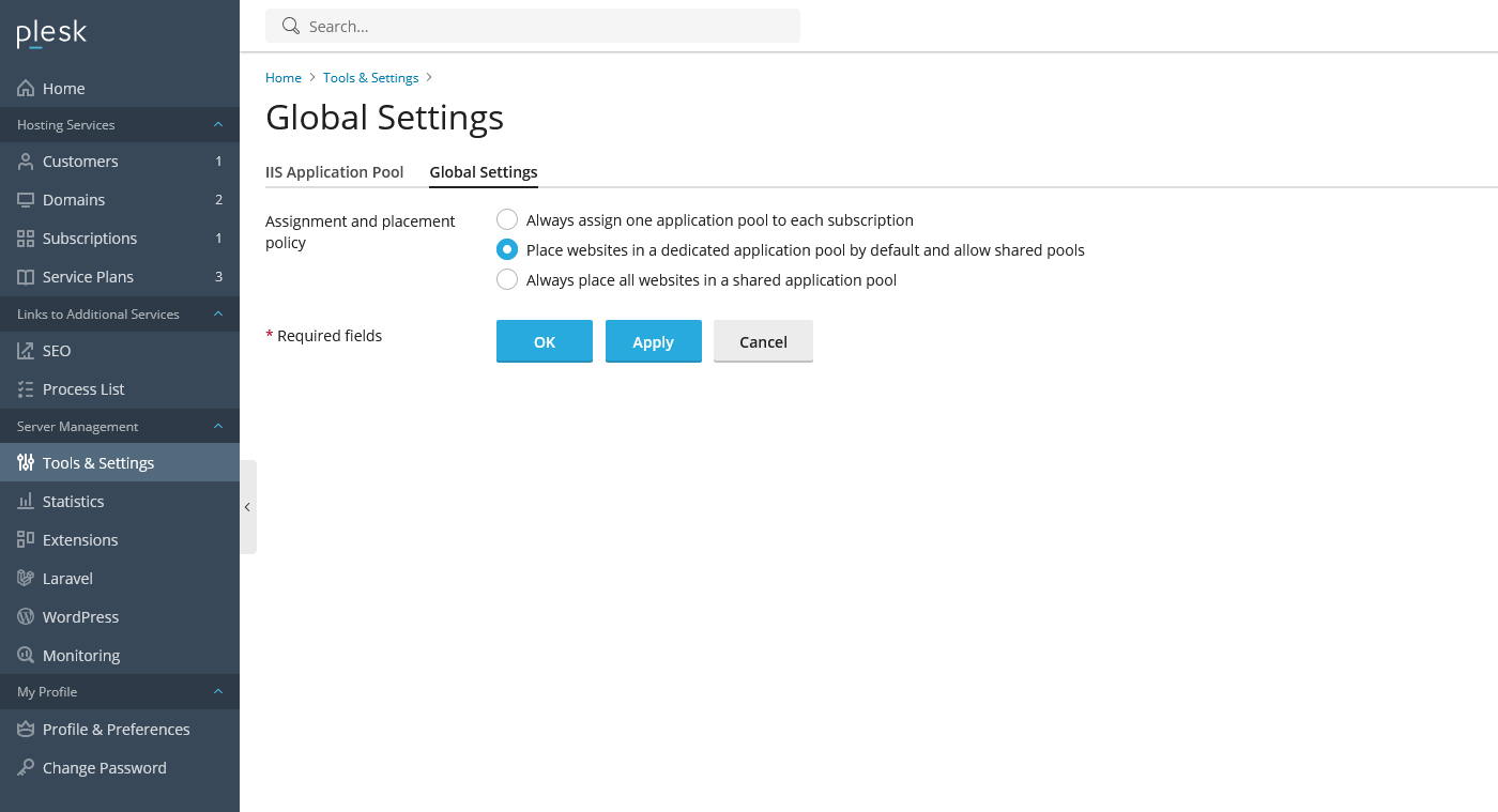 نمای صفحه Global Settings