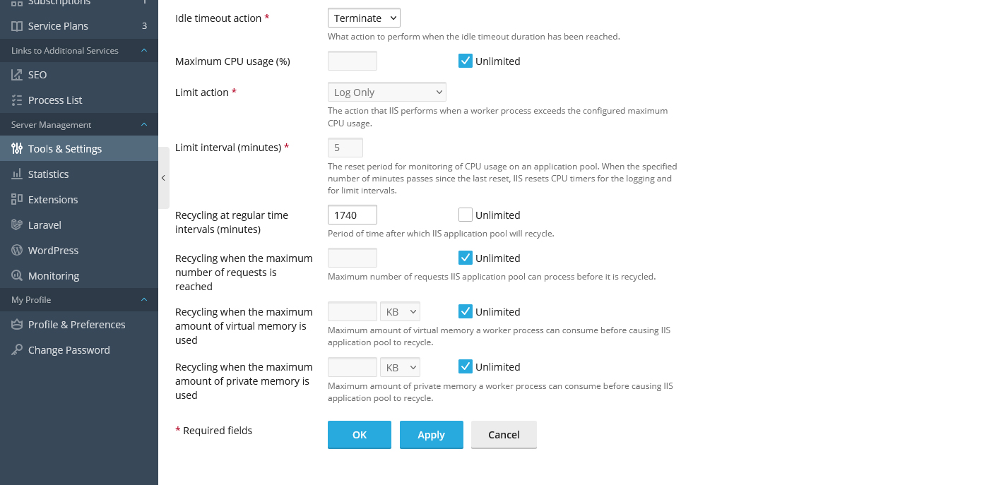 بخش Performance Settings و تنظیمات CPU و Memory