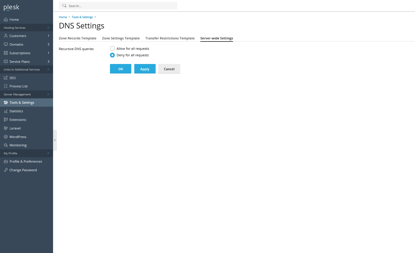 نمای Server-wide Settings