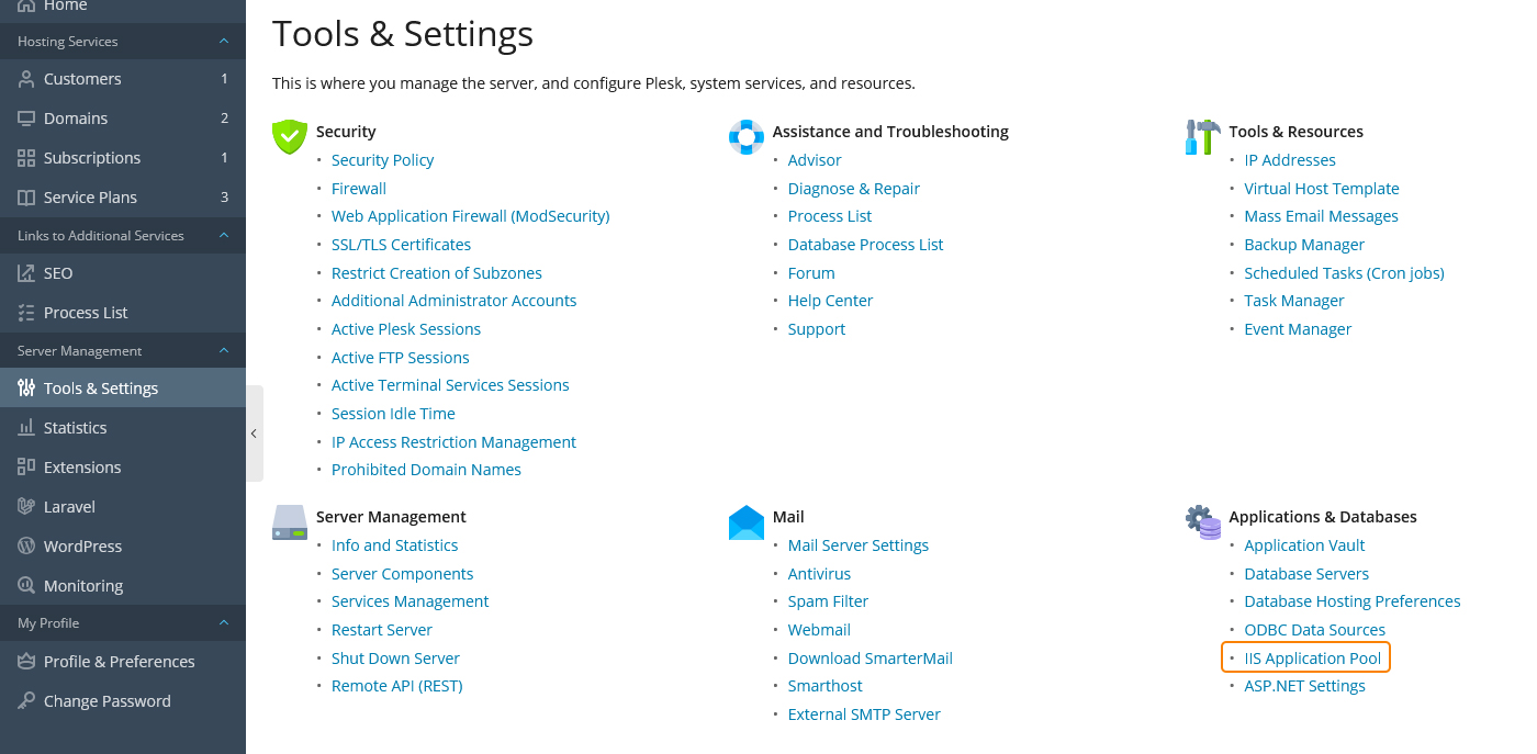 نمای Tools & Settings و گزینه IIS Application Pool