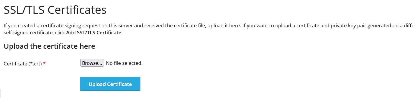 بخش آپلود گواهی SSL اختصاصی در سطح سرور