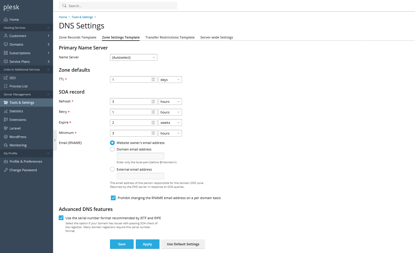 نمای Zone Settings Template