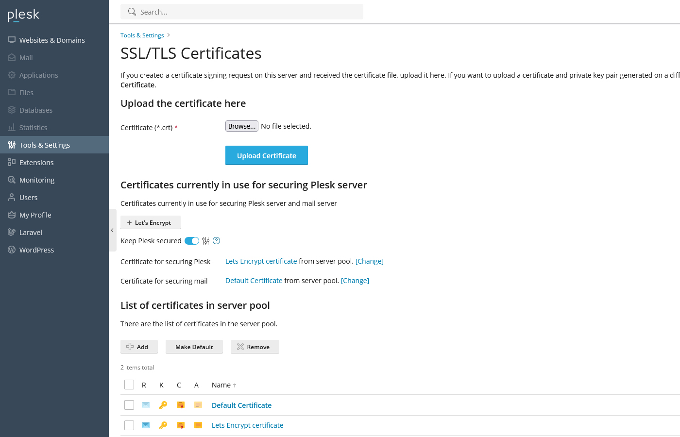 نمای کلی صفحه SSL/TLS Certificates در پنل Plesk